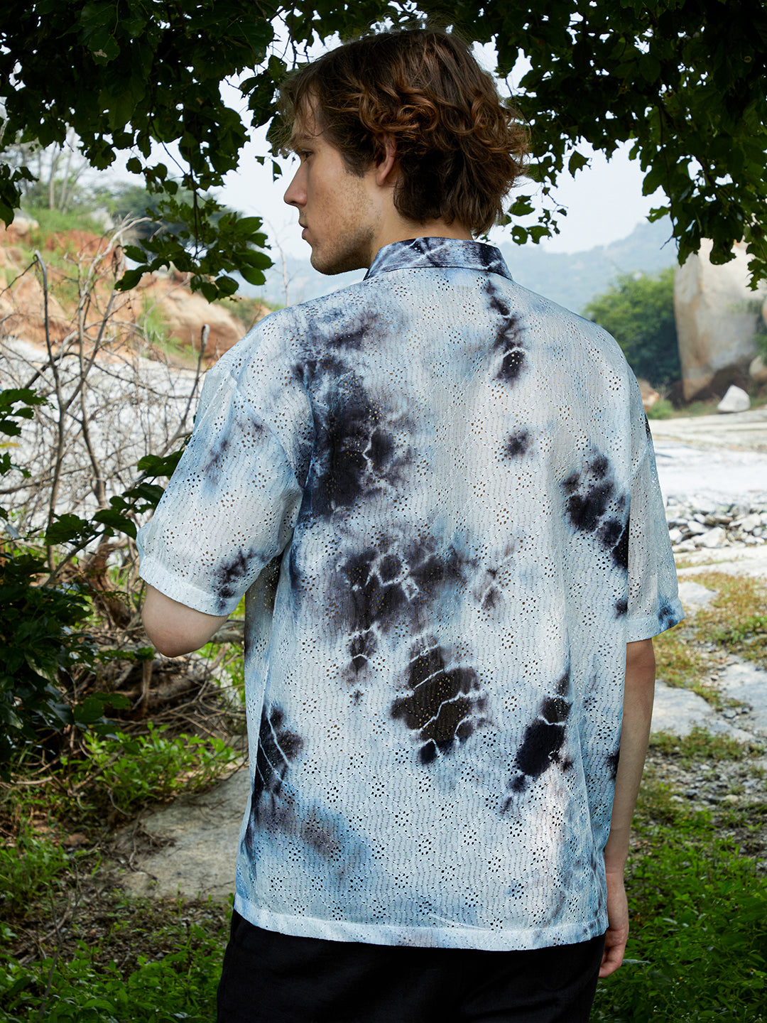Men Charcoal Grey Tie-Dye Knit Oversized Shirt