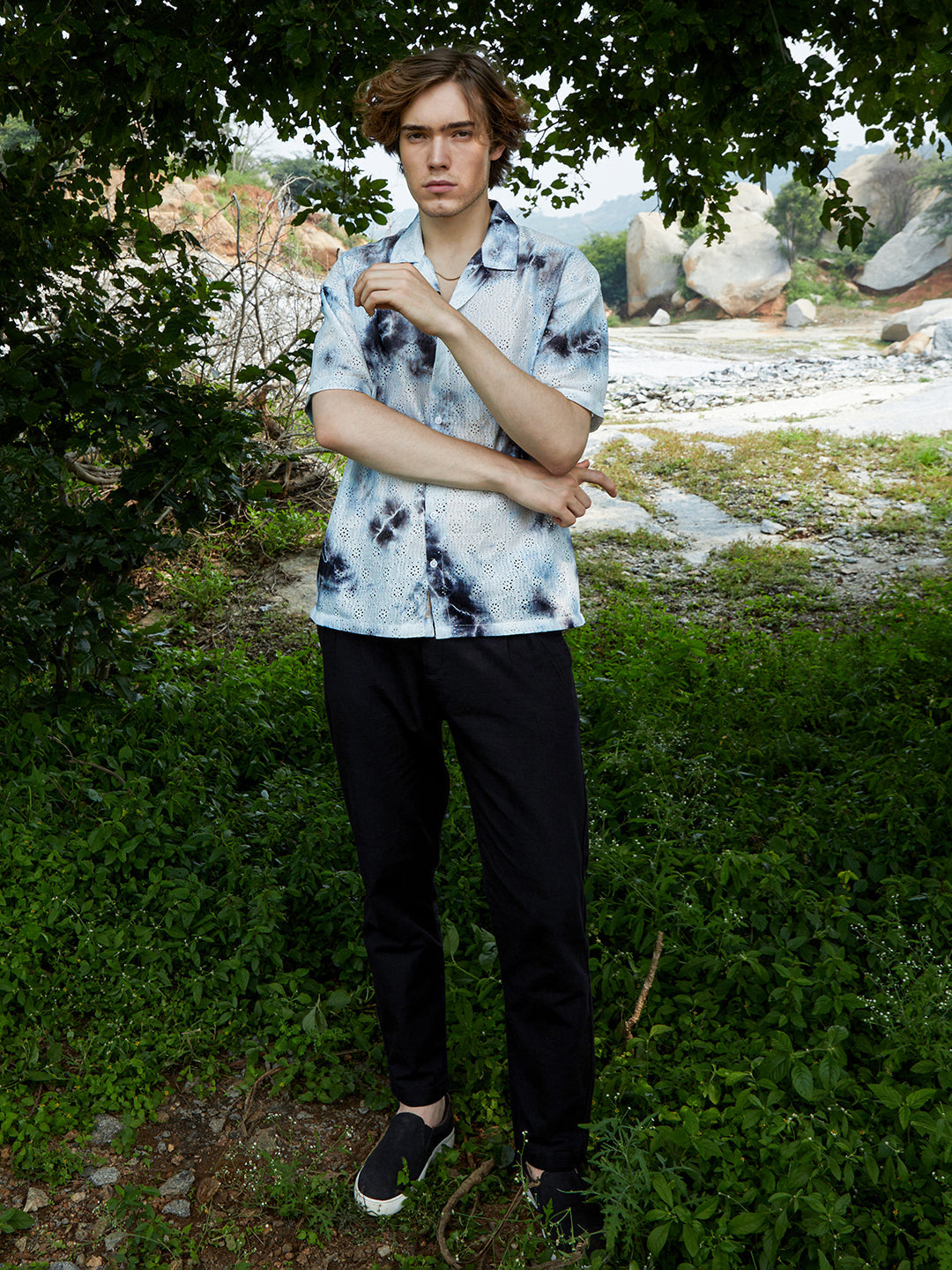 Men Charcoal Grey Tie-Dye Knit Oversized Shirt