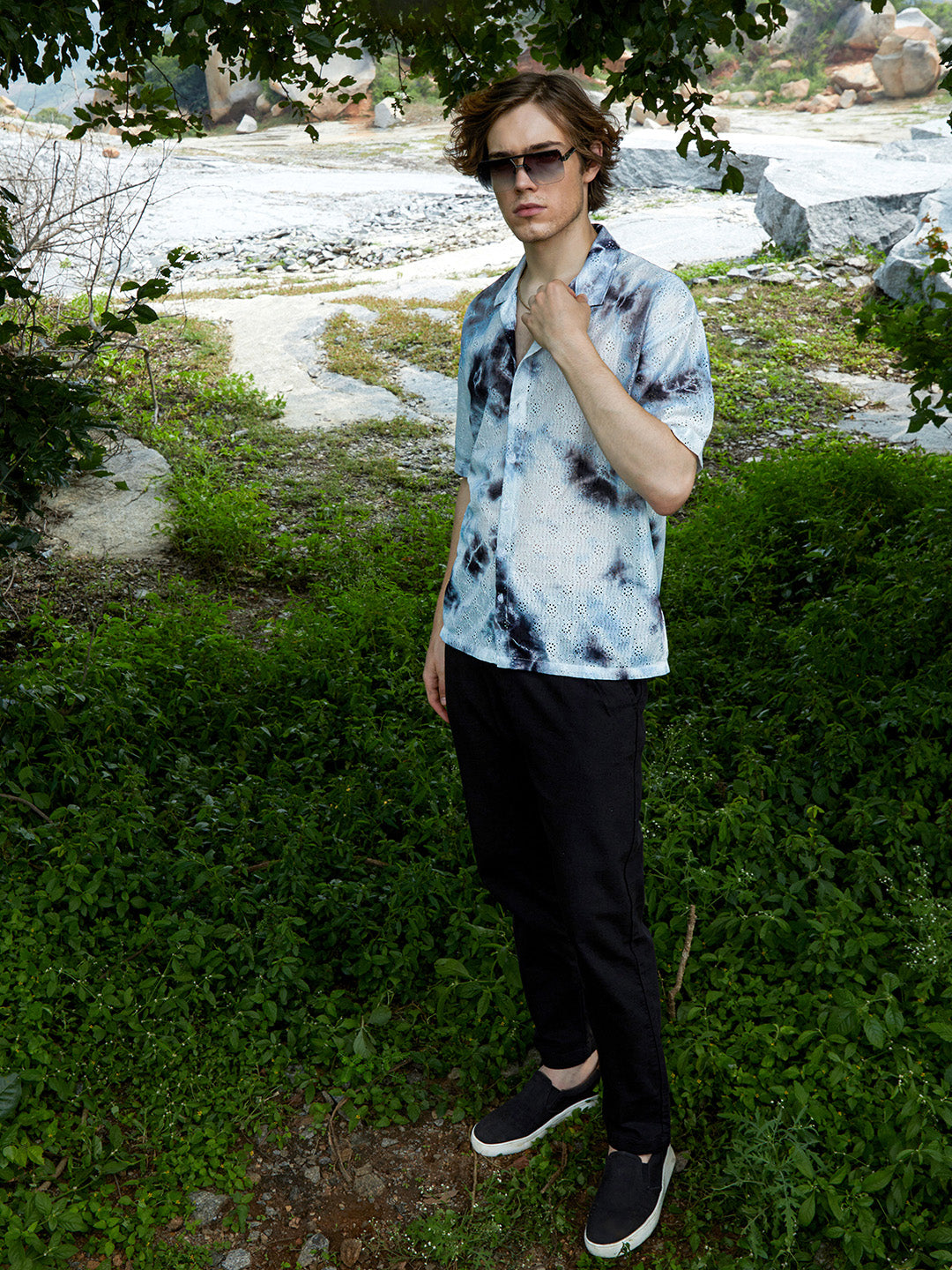 Men Charcoal Grey Tie-Dye Knit Oversized Shirt