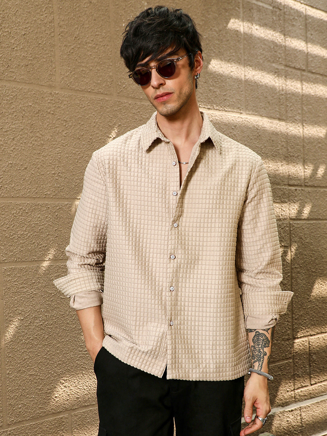 Men Buff Beige Quad-Tactile Oversized Shirt