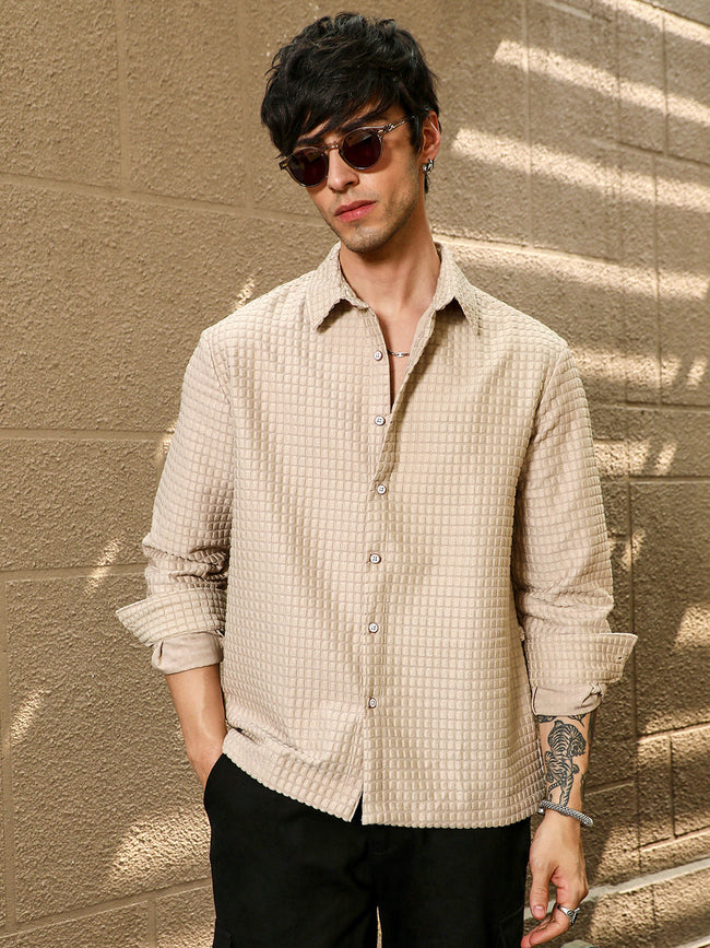 Men Buff Beige Quad-Tactile Oversized Shirt