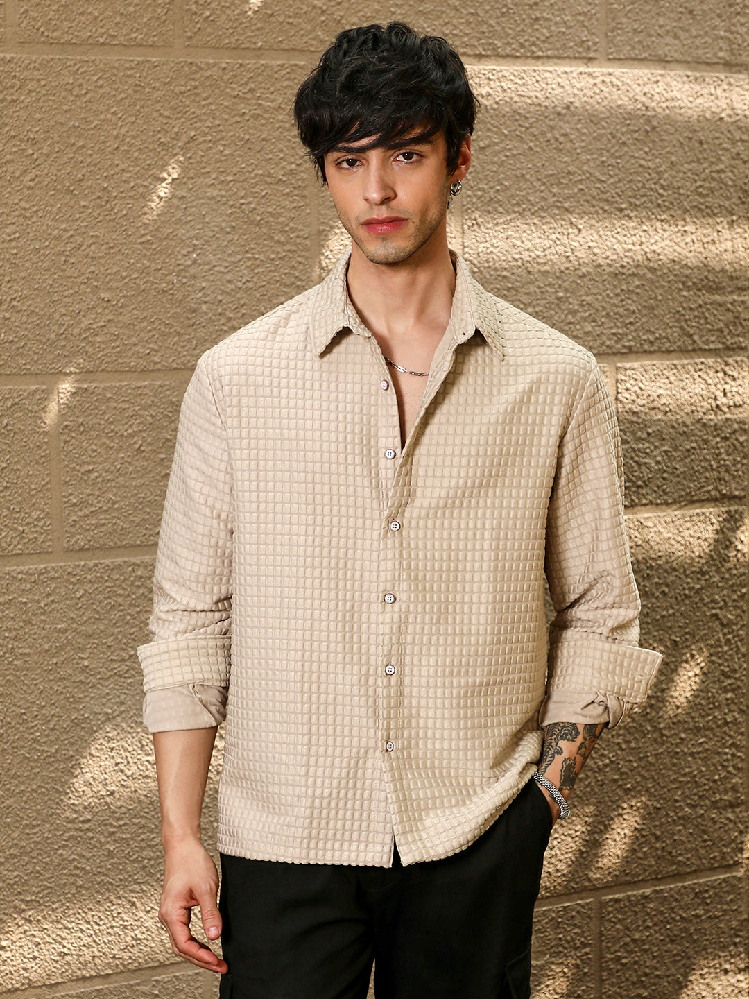 Men Buff Beige Quad-Tactile Oversized Shirt