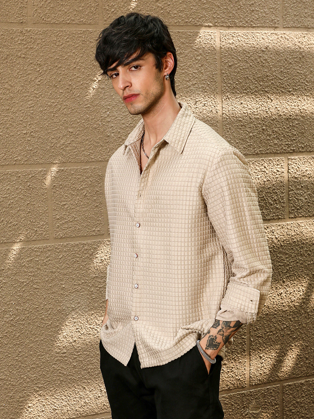 Men Buff Beige Quad-Tactile Oversized Shirt