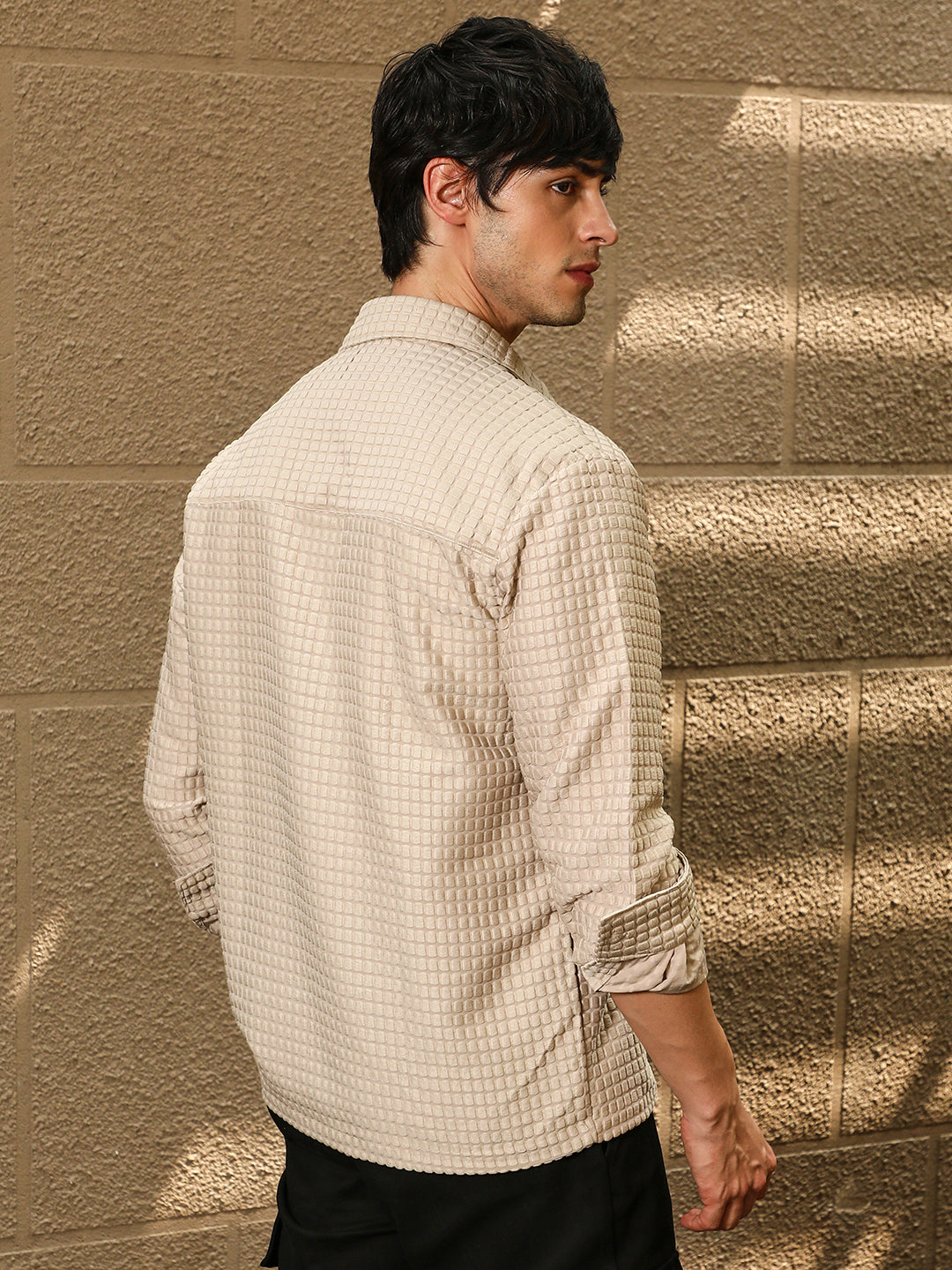Men Buff Beige Quad-Tactile Oversized Shirt