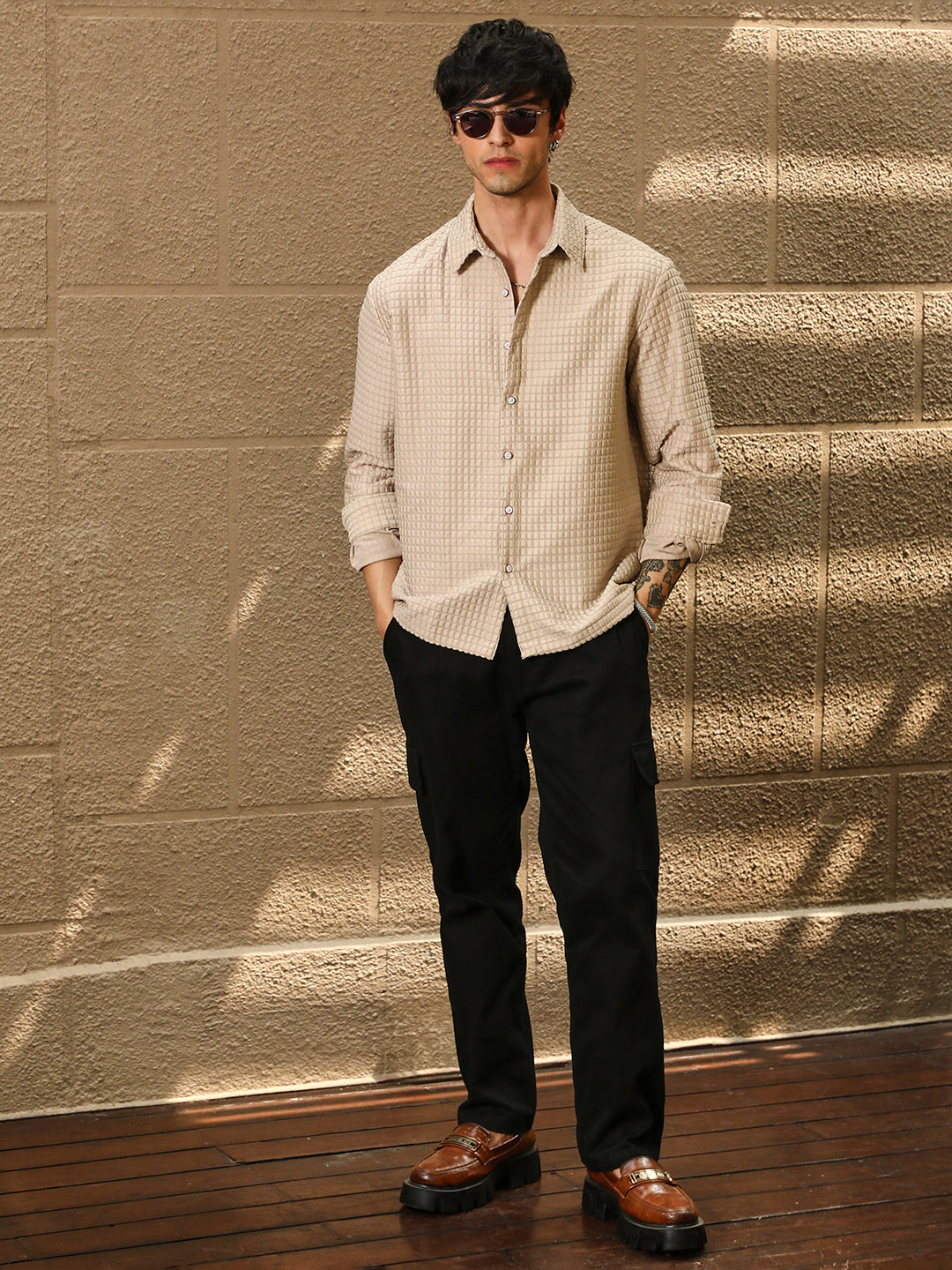 Men Buff Beige Quad-Tactile Oversized Shirt