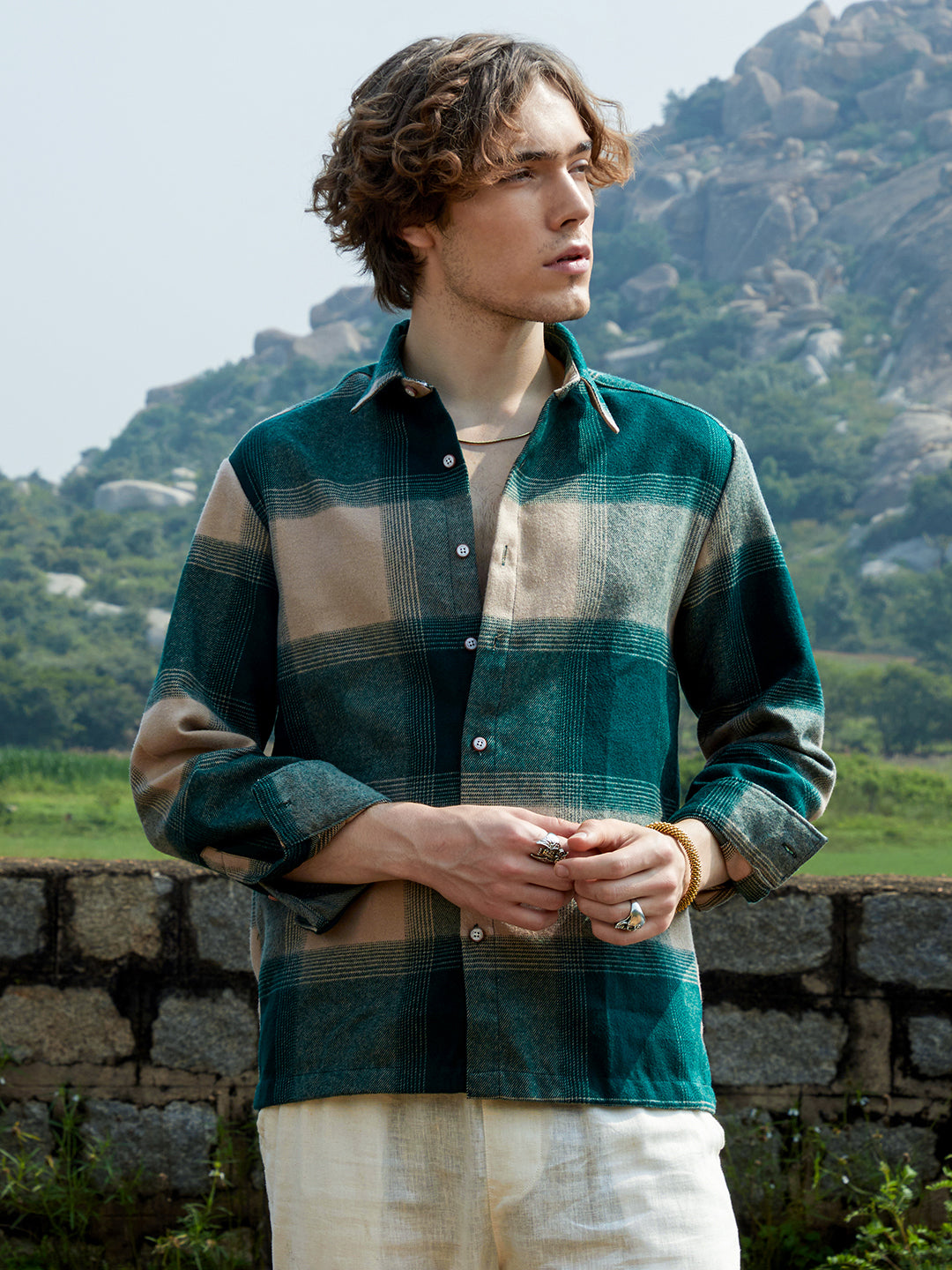 Men Cotton Blend Checks Shirt