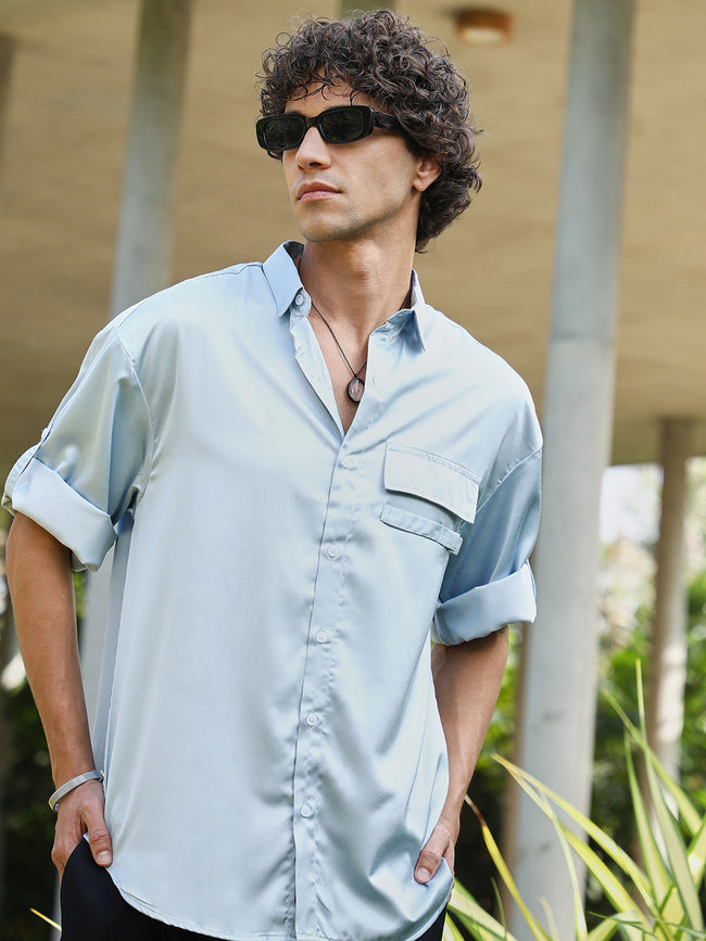 Men Powder Blue Satin-Utility Oversized Shirt