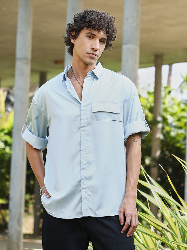 Men Powder Blue Satin-Utility Oversized Shirt