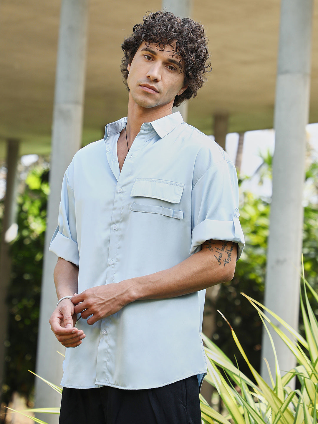 Men Powder Blue Satin-Utility Oversized Shirt