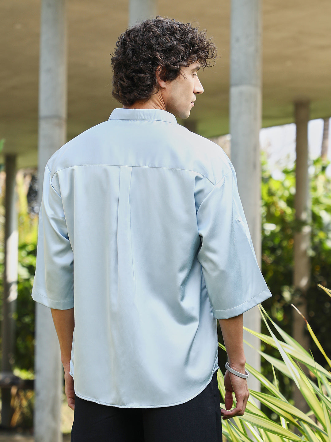 Men Powder Blue Satin-Utility Oversized Shirt