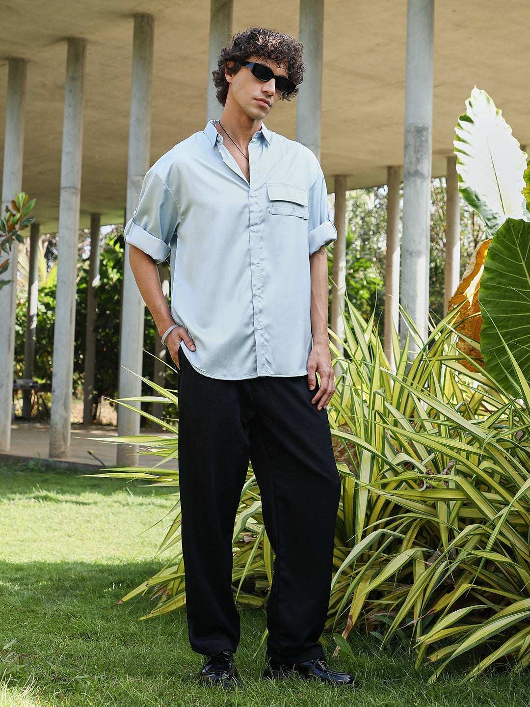 Men Powder Blue Satin-Utility Oversized Shirt