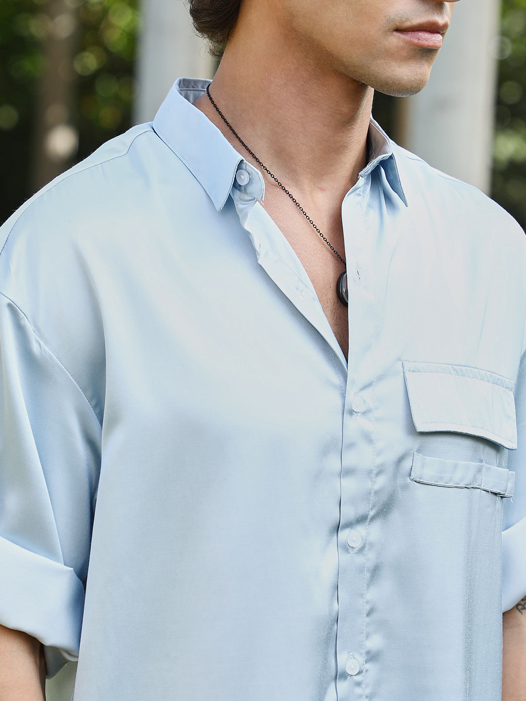 Men Powder Blue Satin-Utility Oversized Shirt