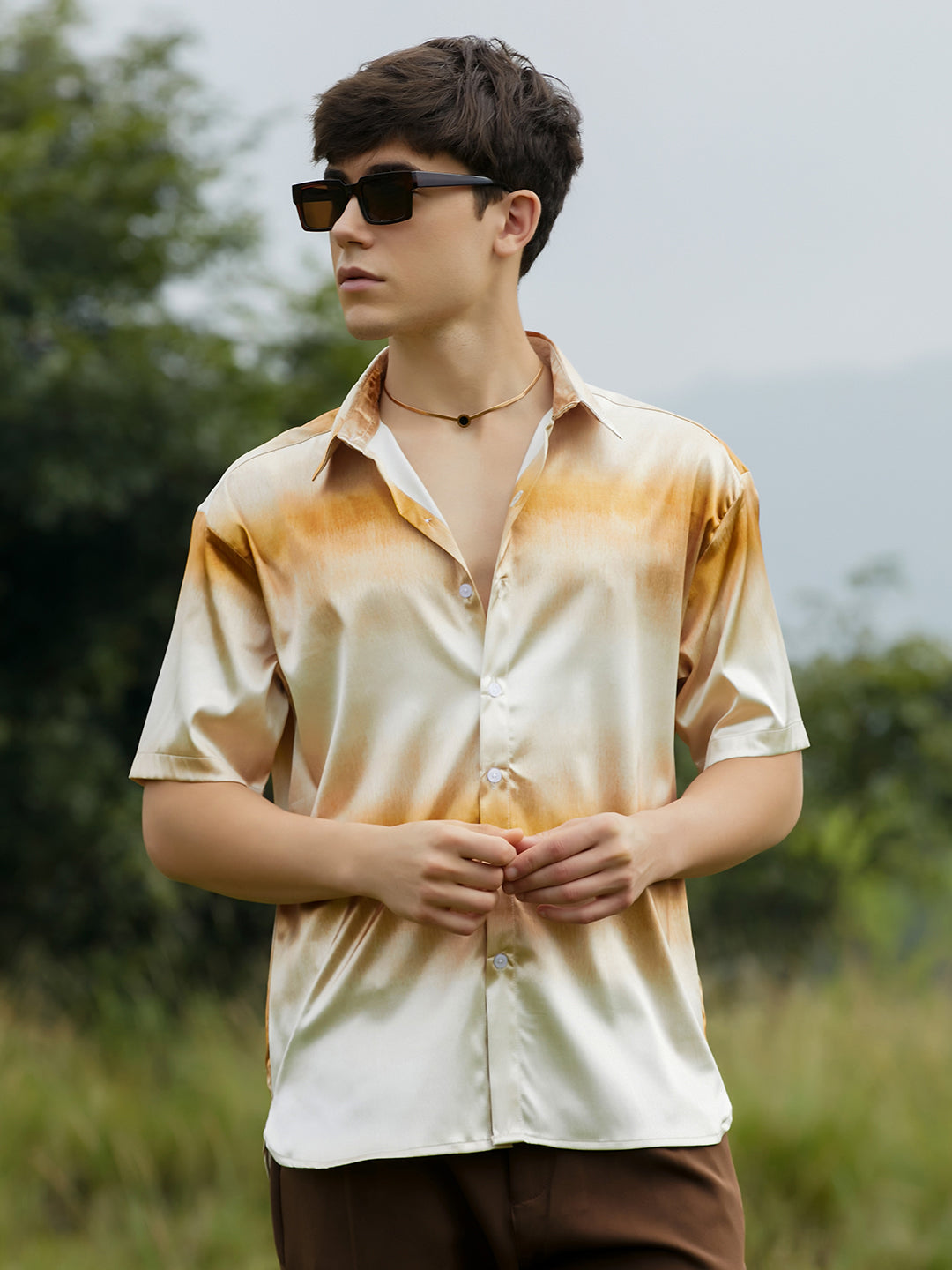 Men Saltbox Beige Ombre Sheen Oversized Shirt
