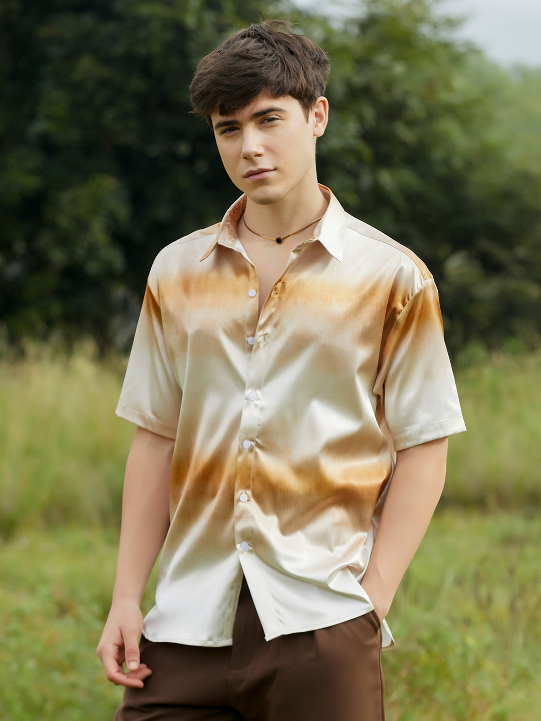 Men Saltbox Beige Ombre Sheen Oversized Shirt