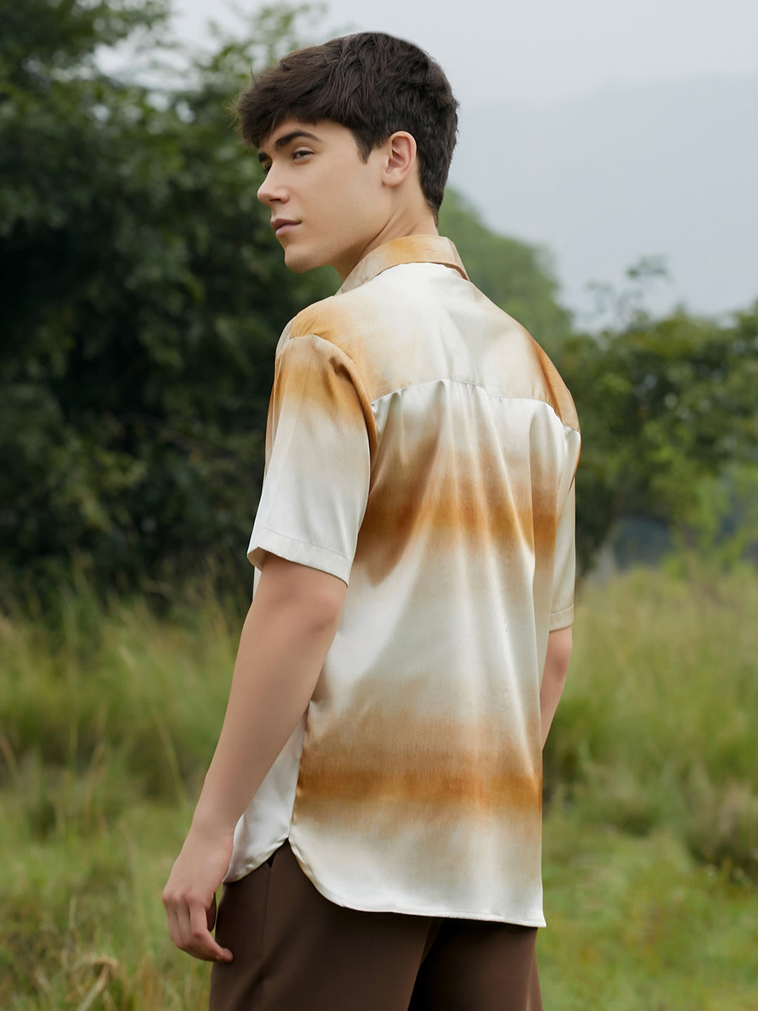 Men Saltbox Beige Ombre Sheen Oversized Shirt