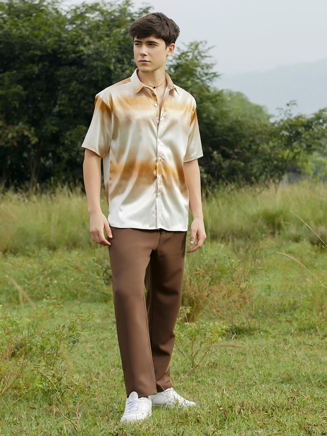 Men Saltbox Beige Ombre Sheen Oversized Shirt