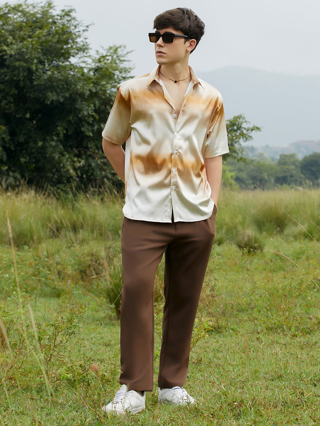 Men Saltbox Beige Ombre Sheen Oversized Shirt