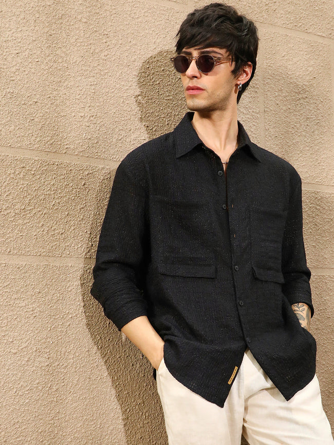 Men Midnight Black Straw-Tactile Utility Oversized Shirt