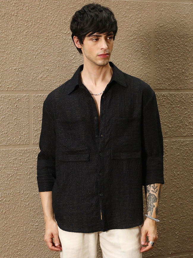 Men Midnight Black Straw-Tactile Utility Oversized Shirt