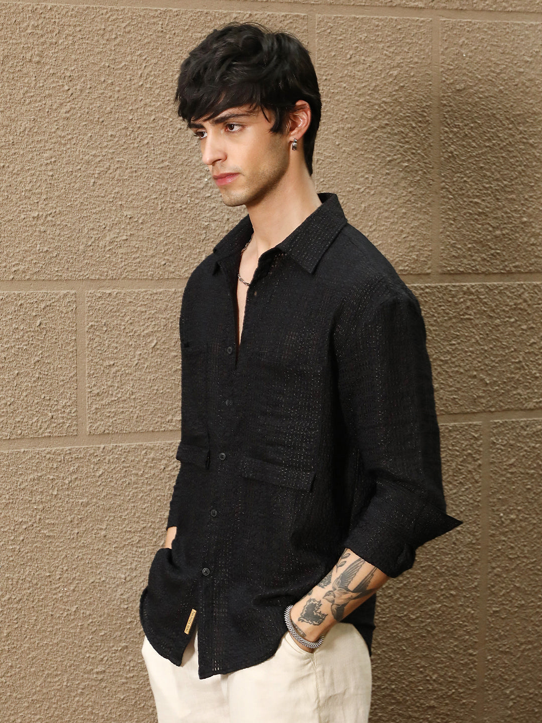 Men Midnight Black Straw-Tactile Utility Oversized Shirt
