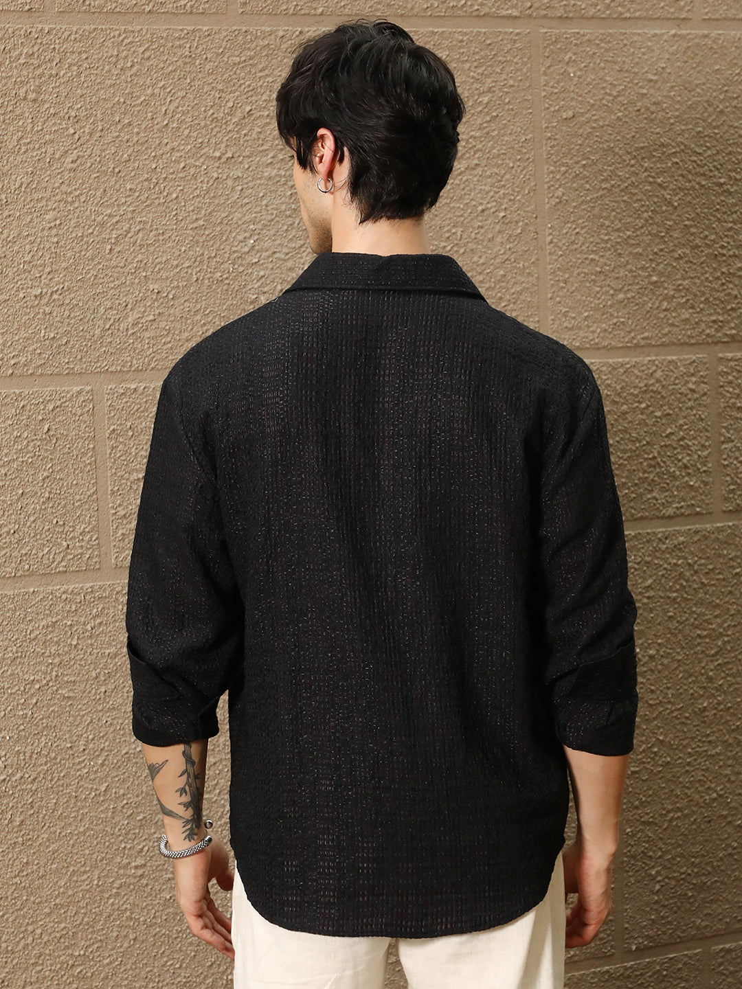 Men Midnight Black Straw-Tactile Utility Oversized Shirt