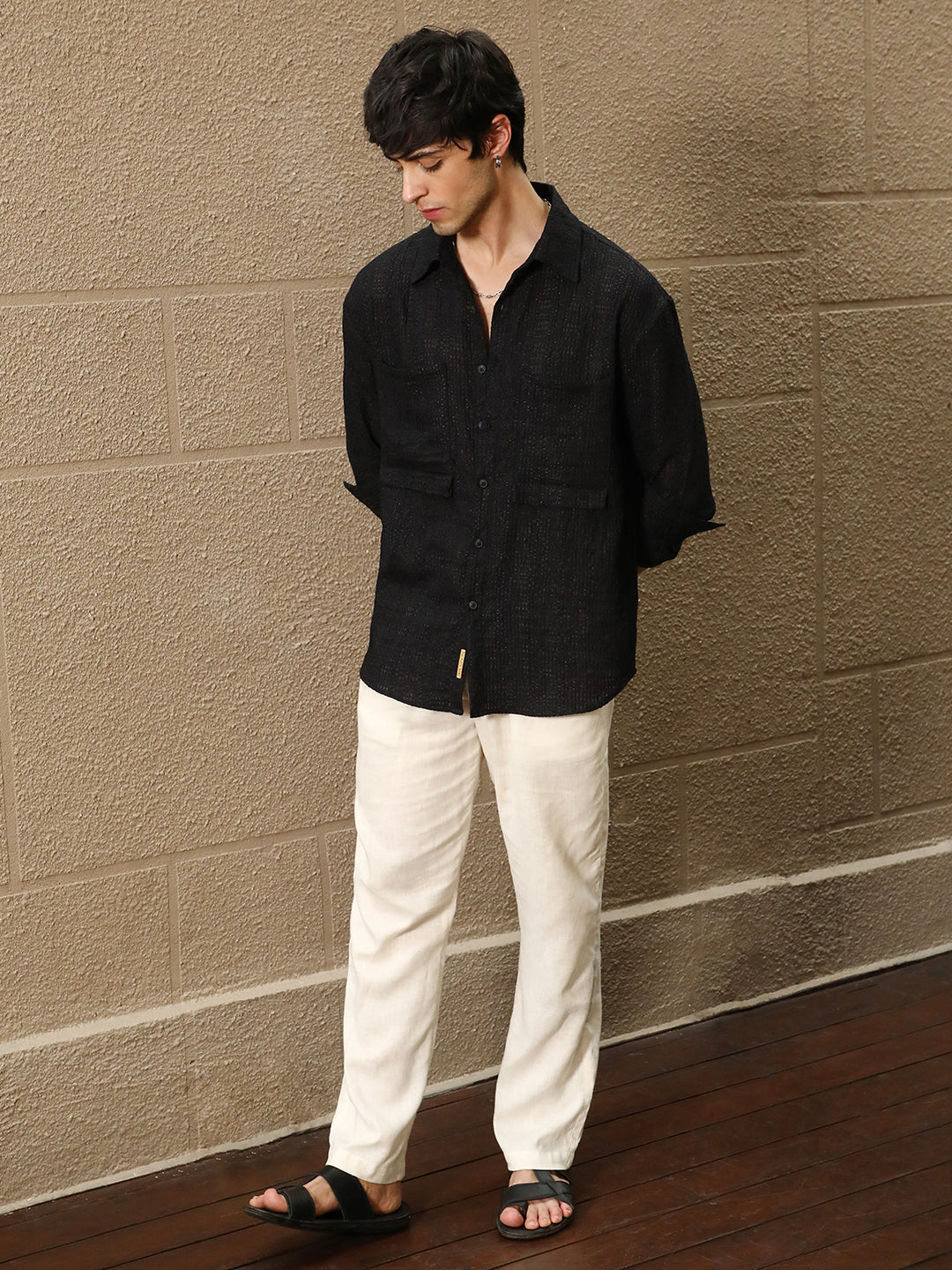 Men Midnight Black Straw-Tactile Utility Oversized Shirt