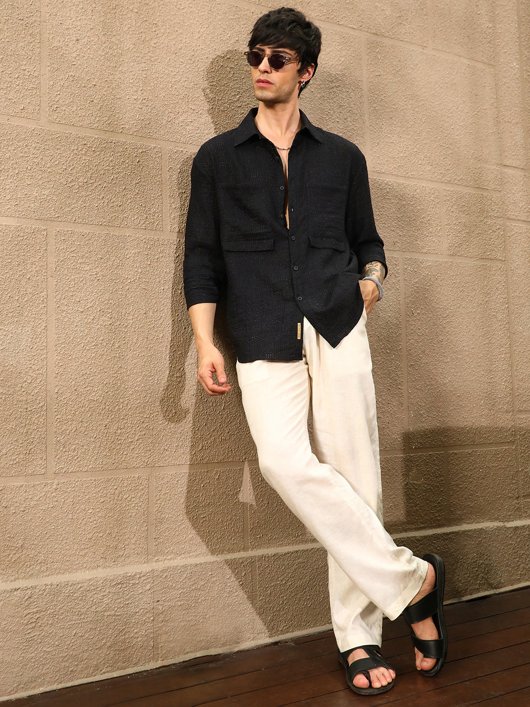 Men Midnight Black Straw-Tactile Utility Oversized Shirt