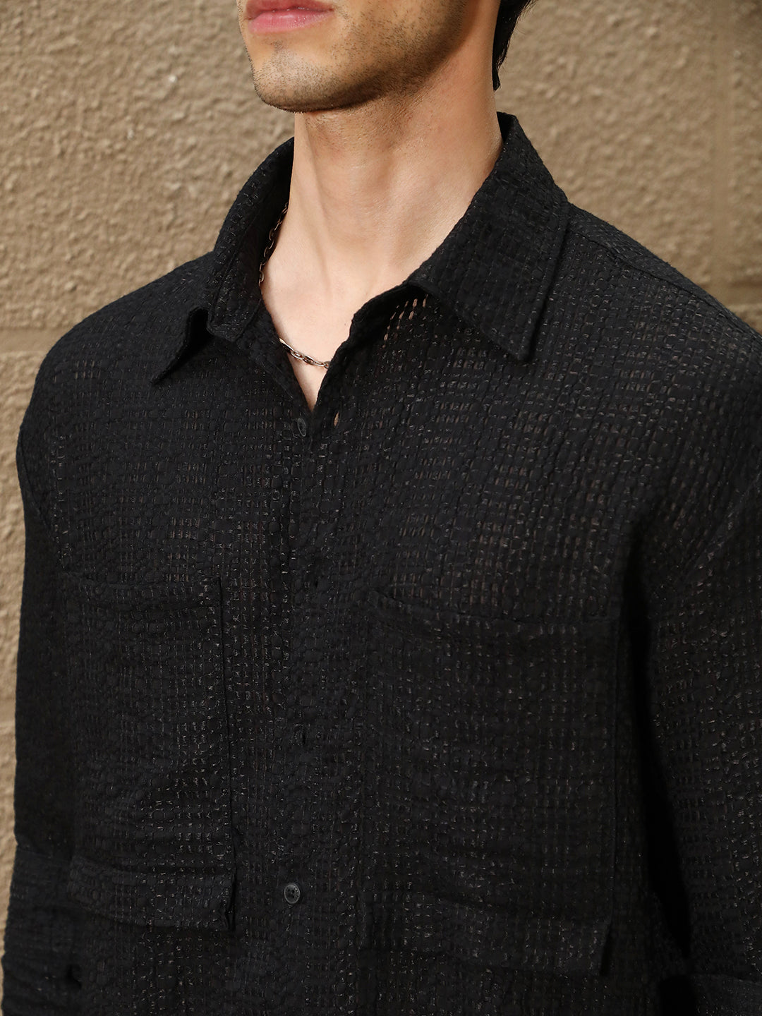 Men Midnight Black Straw-Tactile Utility Oversized Shirt