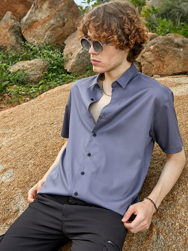 Men Moon Grey Satin Oversized Shirt