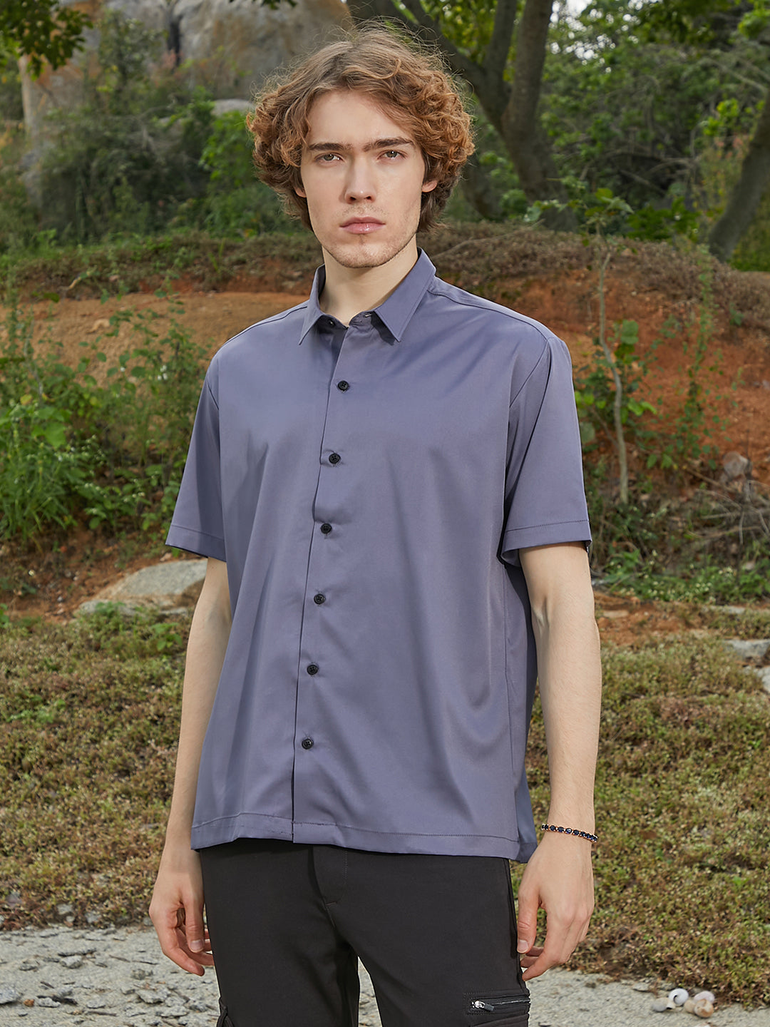 Men Moon Grey Satin Oversized Shirt