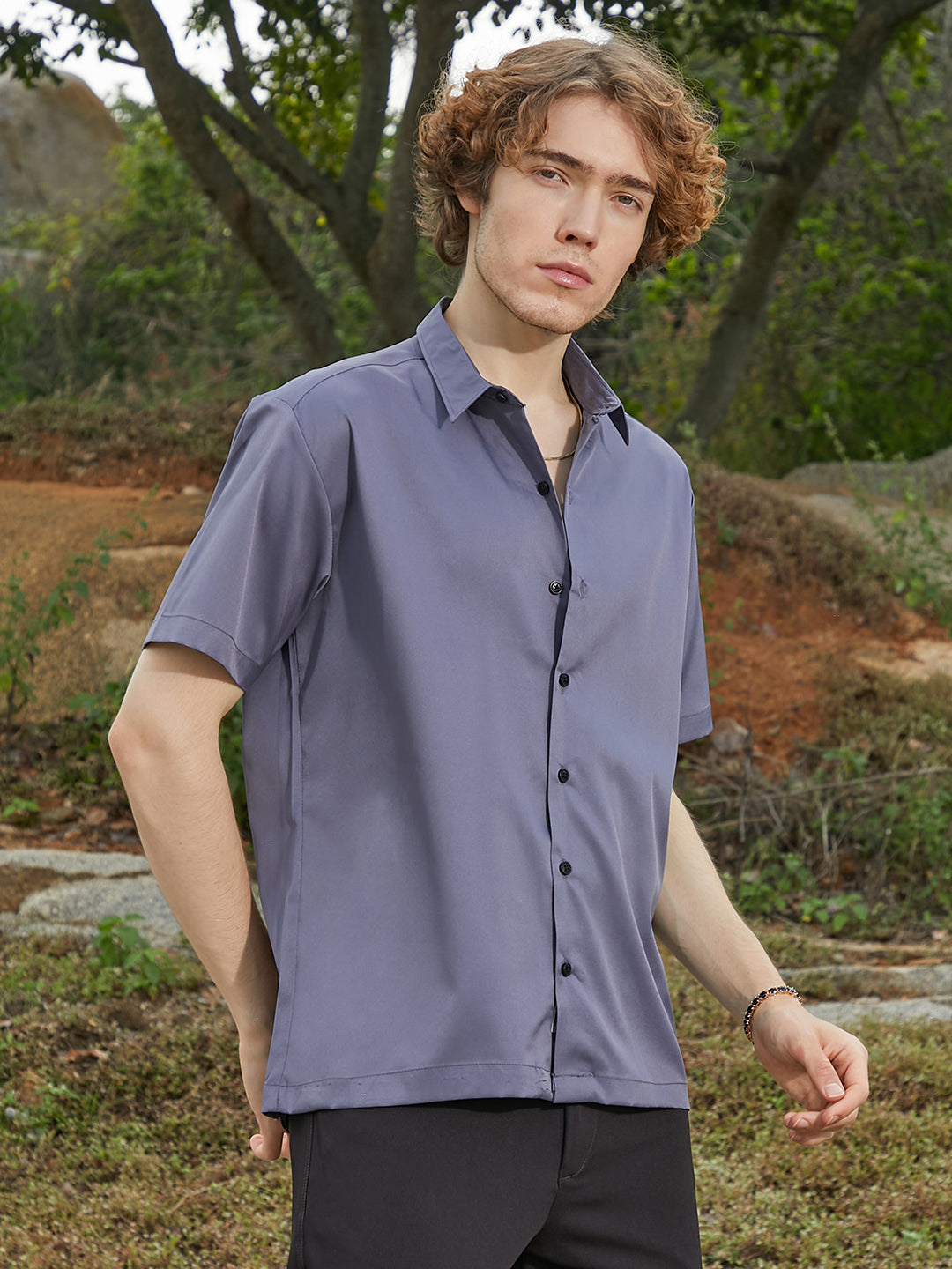 Men Moon Grey Satin Oversized Shirt