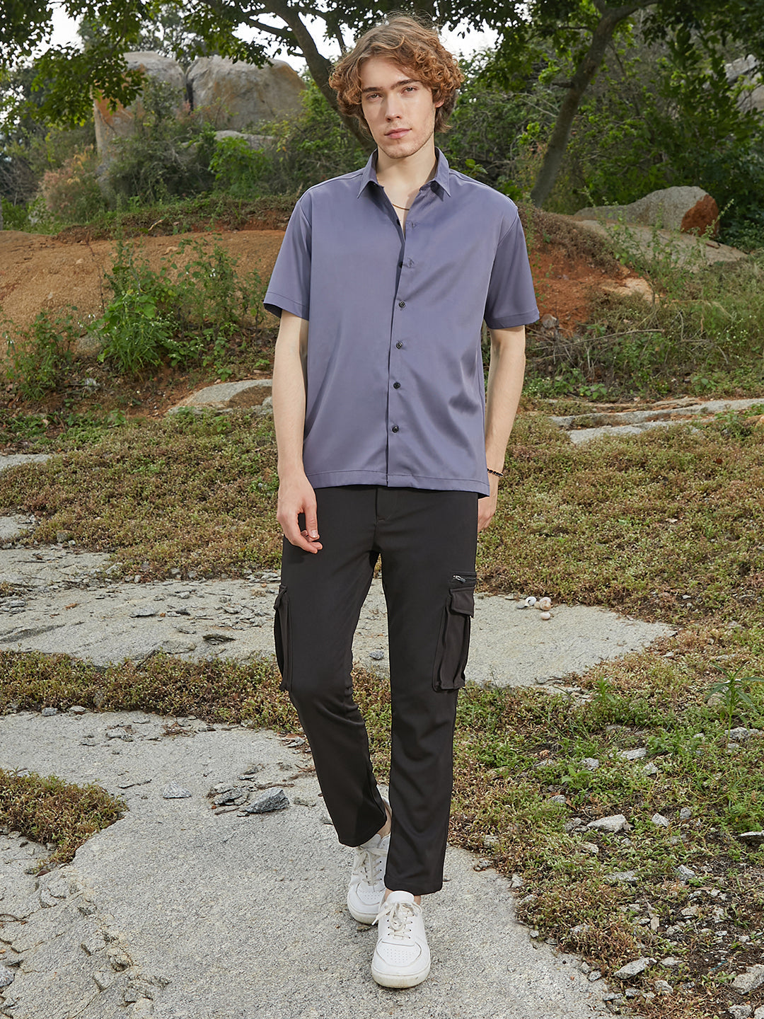 Men Moon Grey Satin Oversized Shirt