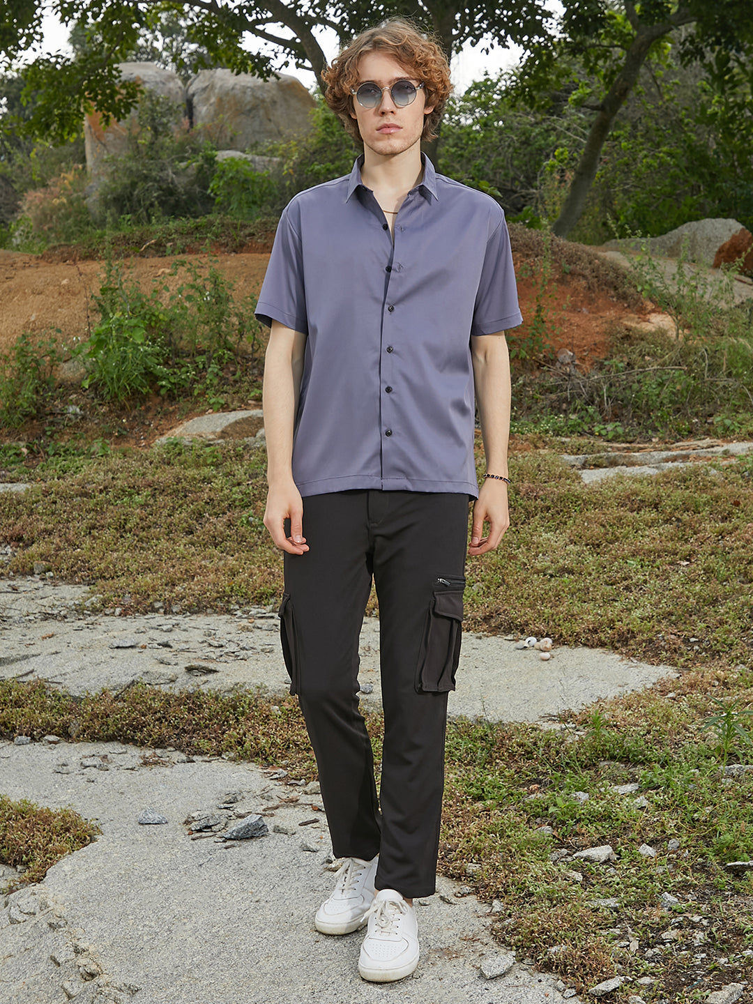 Men Moon Grey Satin Oversized Shirt