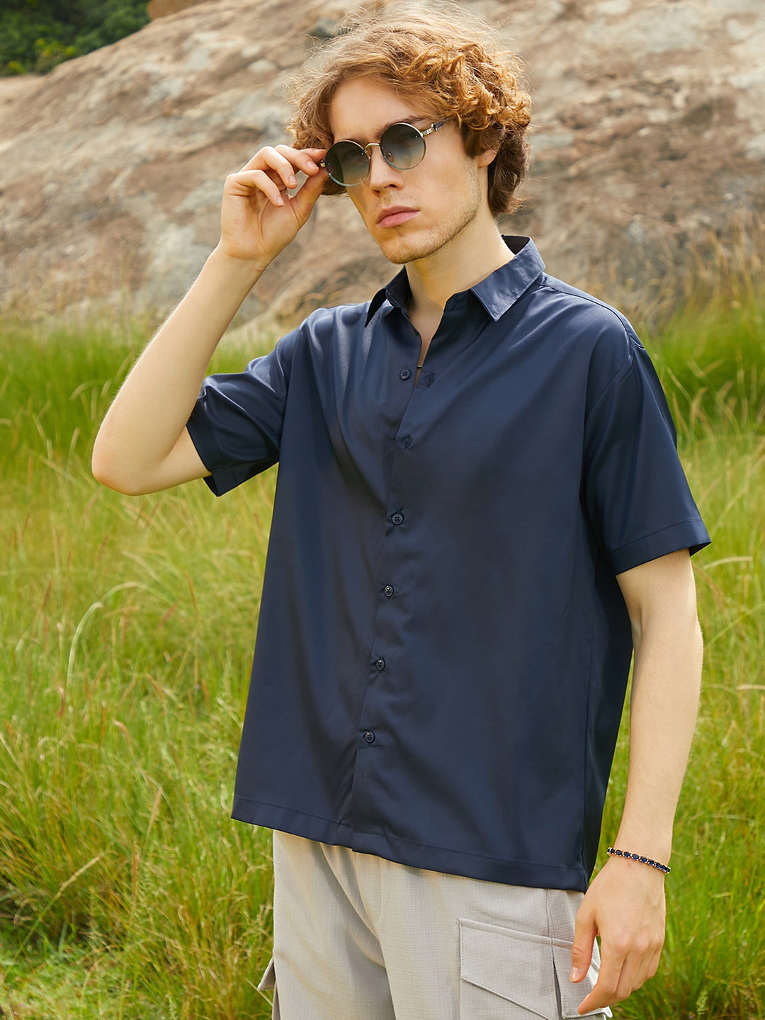 Men Prussian Blue Satin Oversized Shirt
