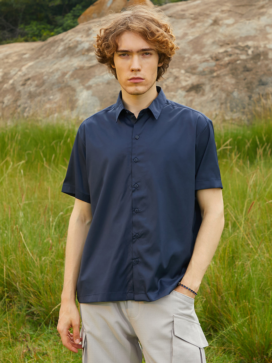 Men Prussian Blue Satin Oversized Shirt
