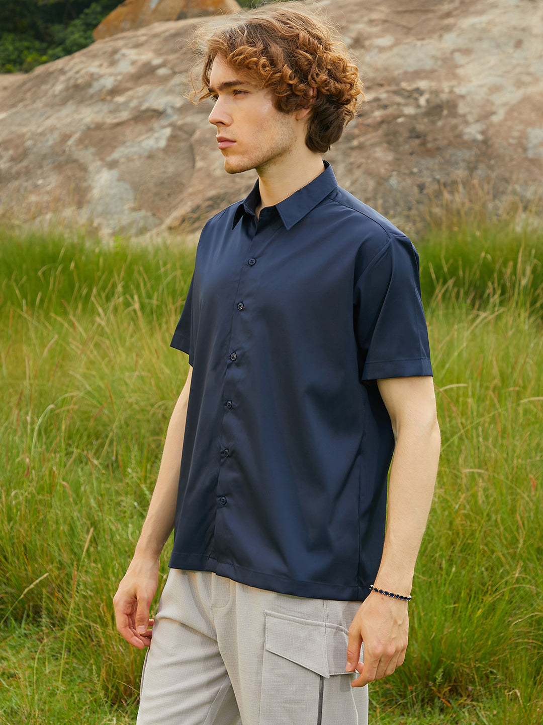 Men Prussian Blue Satin Oversized Shirt