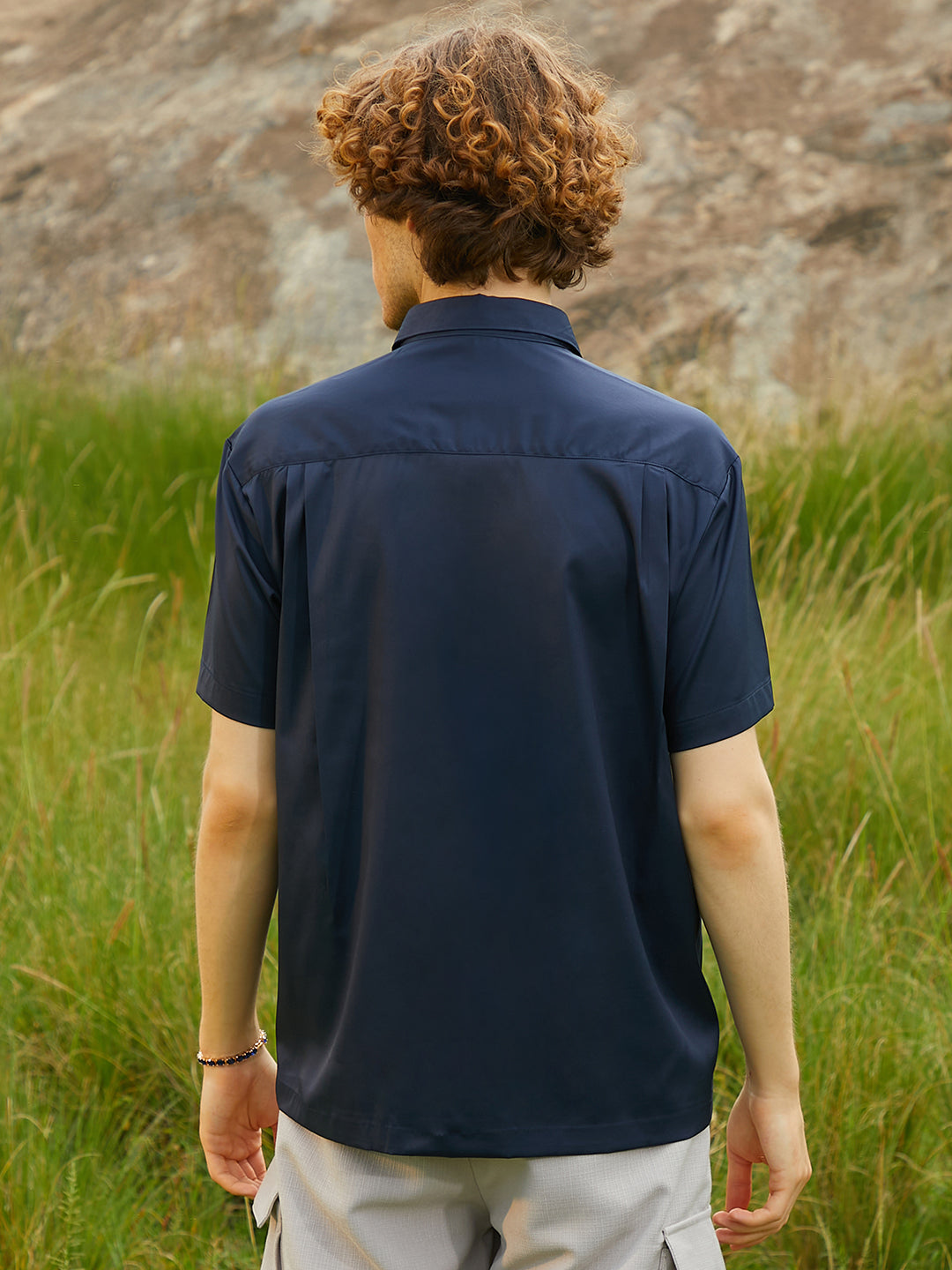 Men Prussian Blue Satin Oversized Shirt