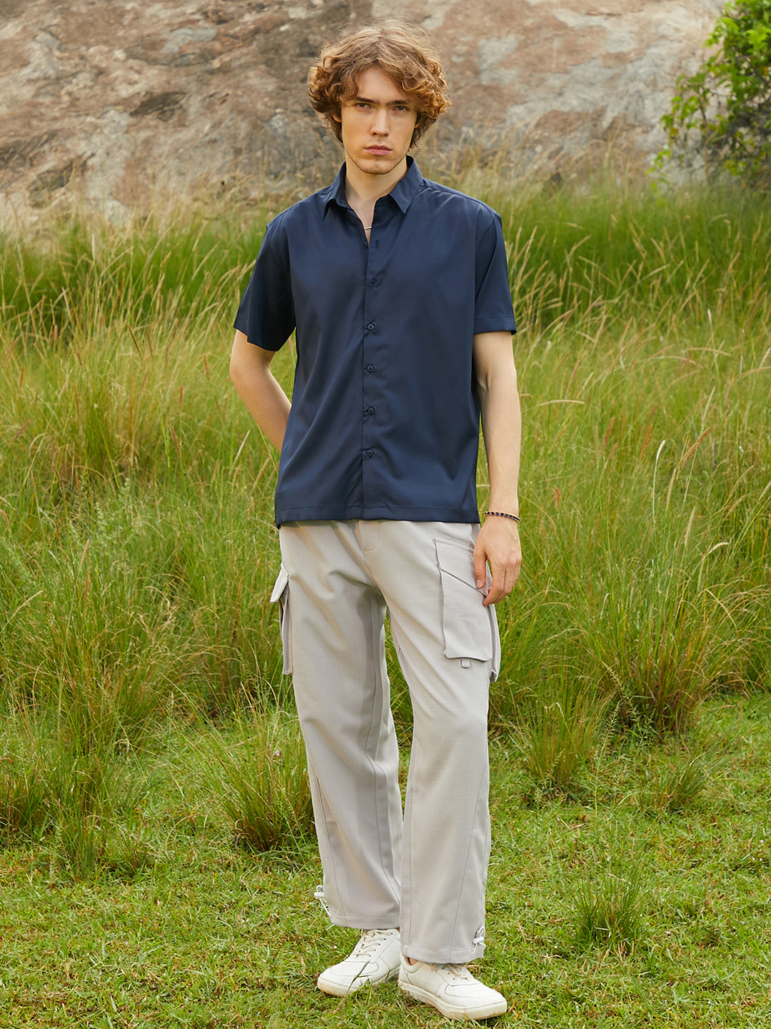 Men Prussian Blue Satin Oversized Shirt