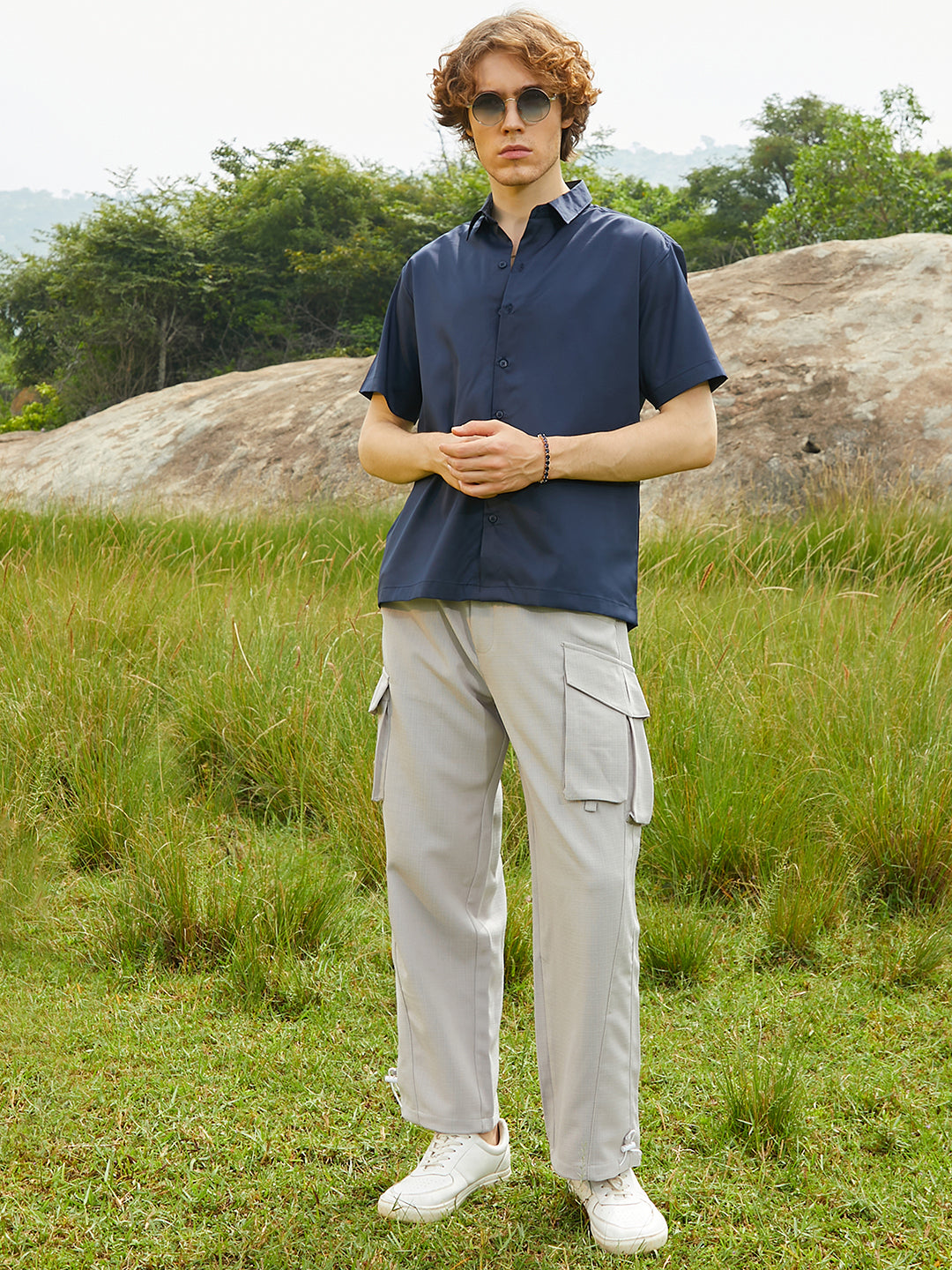 Men Prussian Blue Satin Oversized Shirt