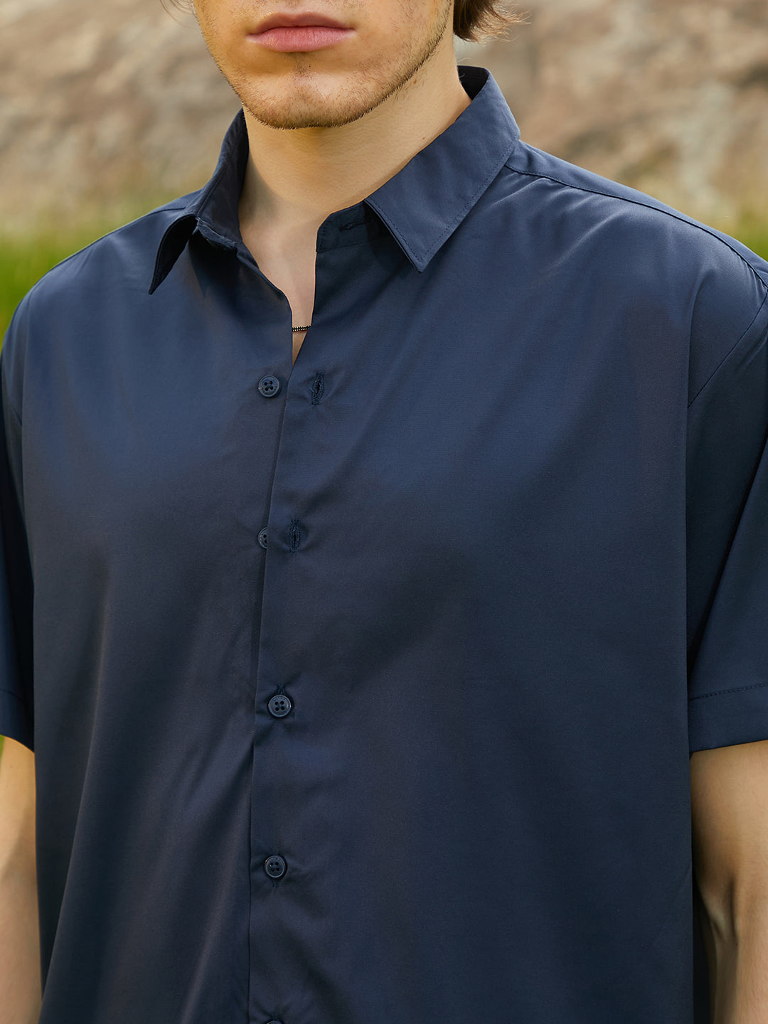 Men Prussian Blue Satin Oversized Shirt