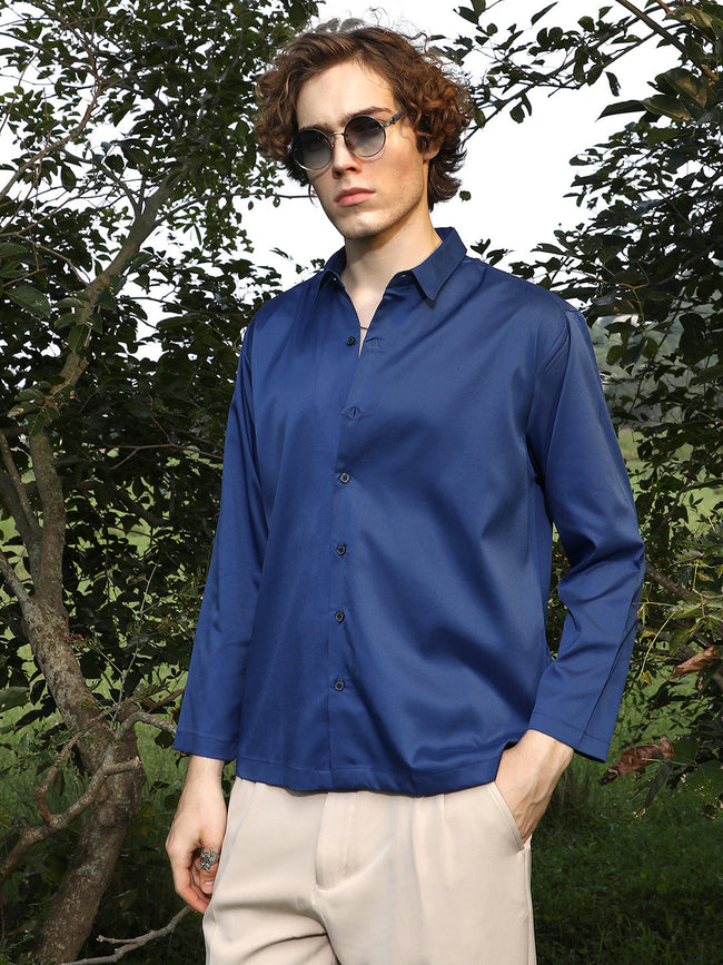 Men Admiral Blue Satin Oversized Shirt