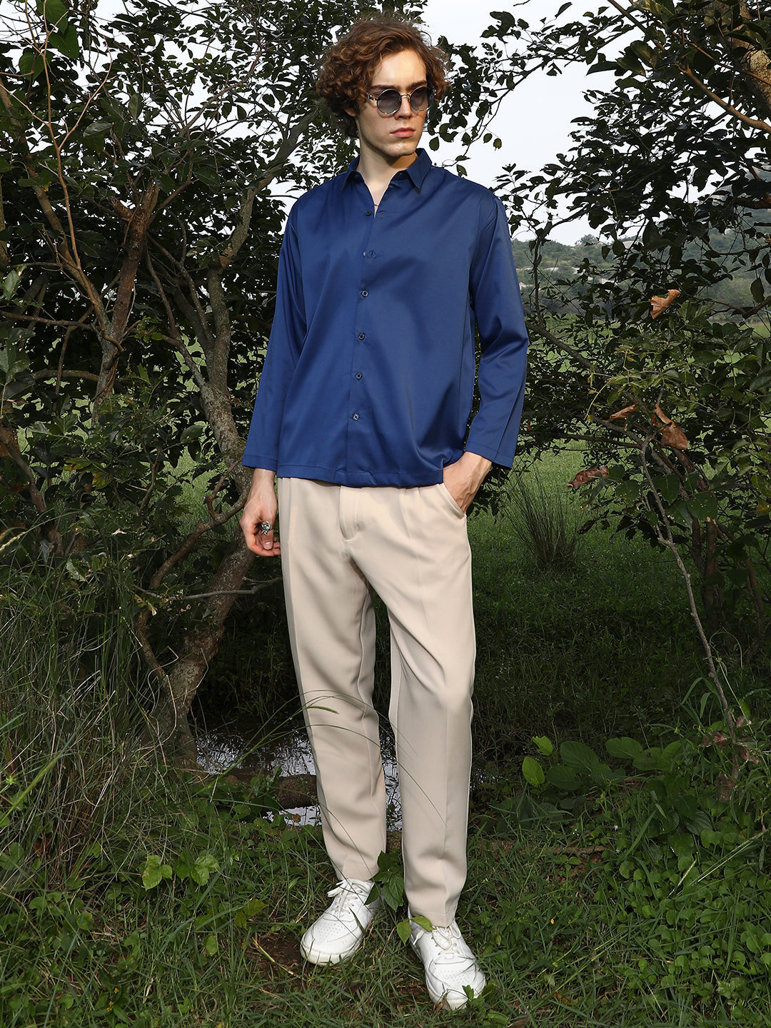 Men Admiral Blue Satin Oversized Shirt