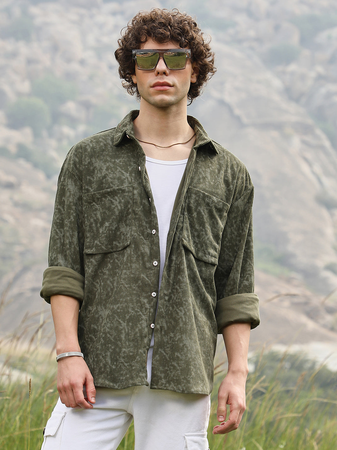 Men Juniper Green Faded Corduroy Oversized Shirt