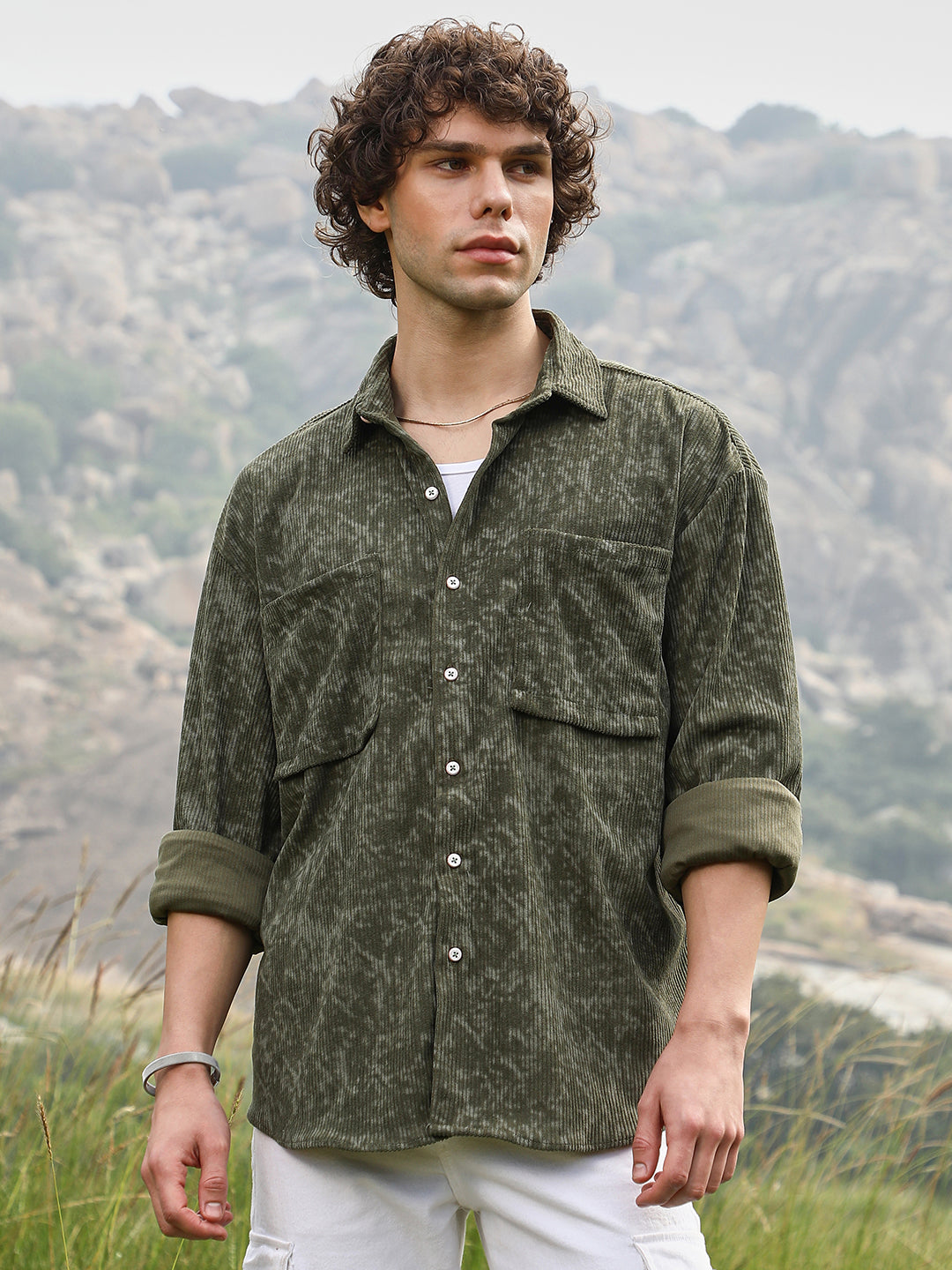 Men Juniper Green Faded Corduroy Oversized Shirt