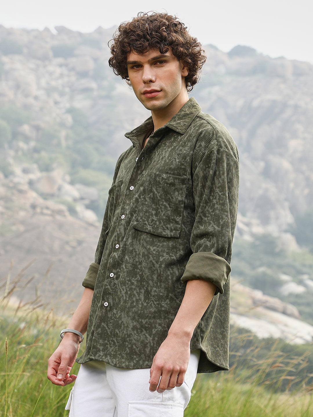 Men Juniper Green Faded Corduroy Oversized Shirt