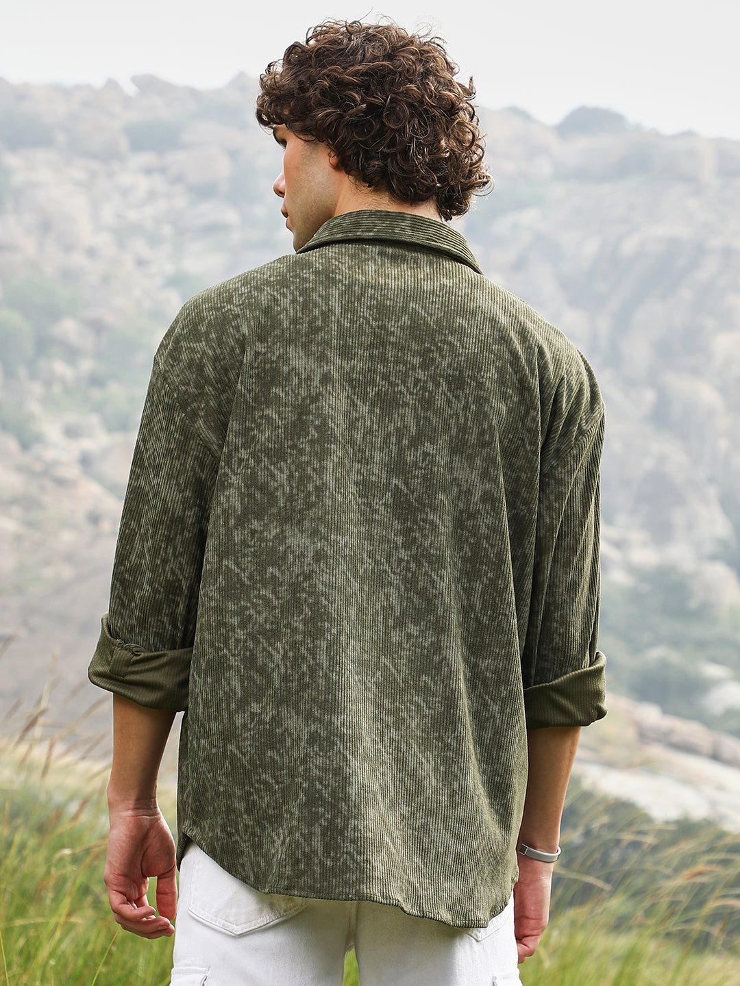 Men Juniper Green Faded Corduroy Oversized Shirt