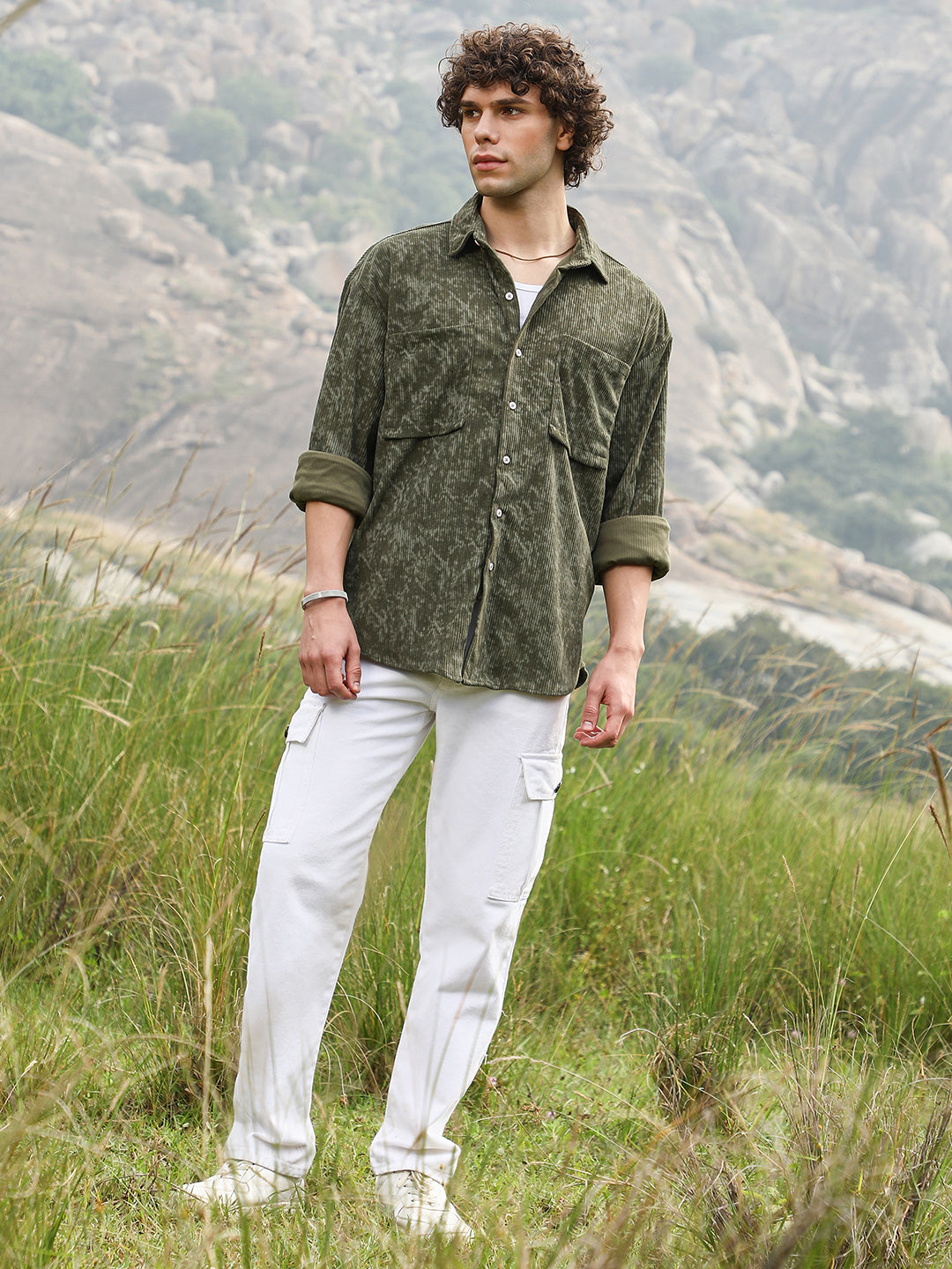 Men Juniper Green Faded Corduroy Oversized Shirt