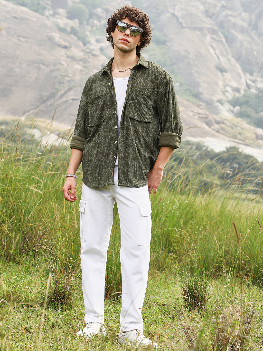 Men Juniper Green Faded Corduroy Oversized Shirt