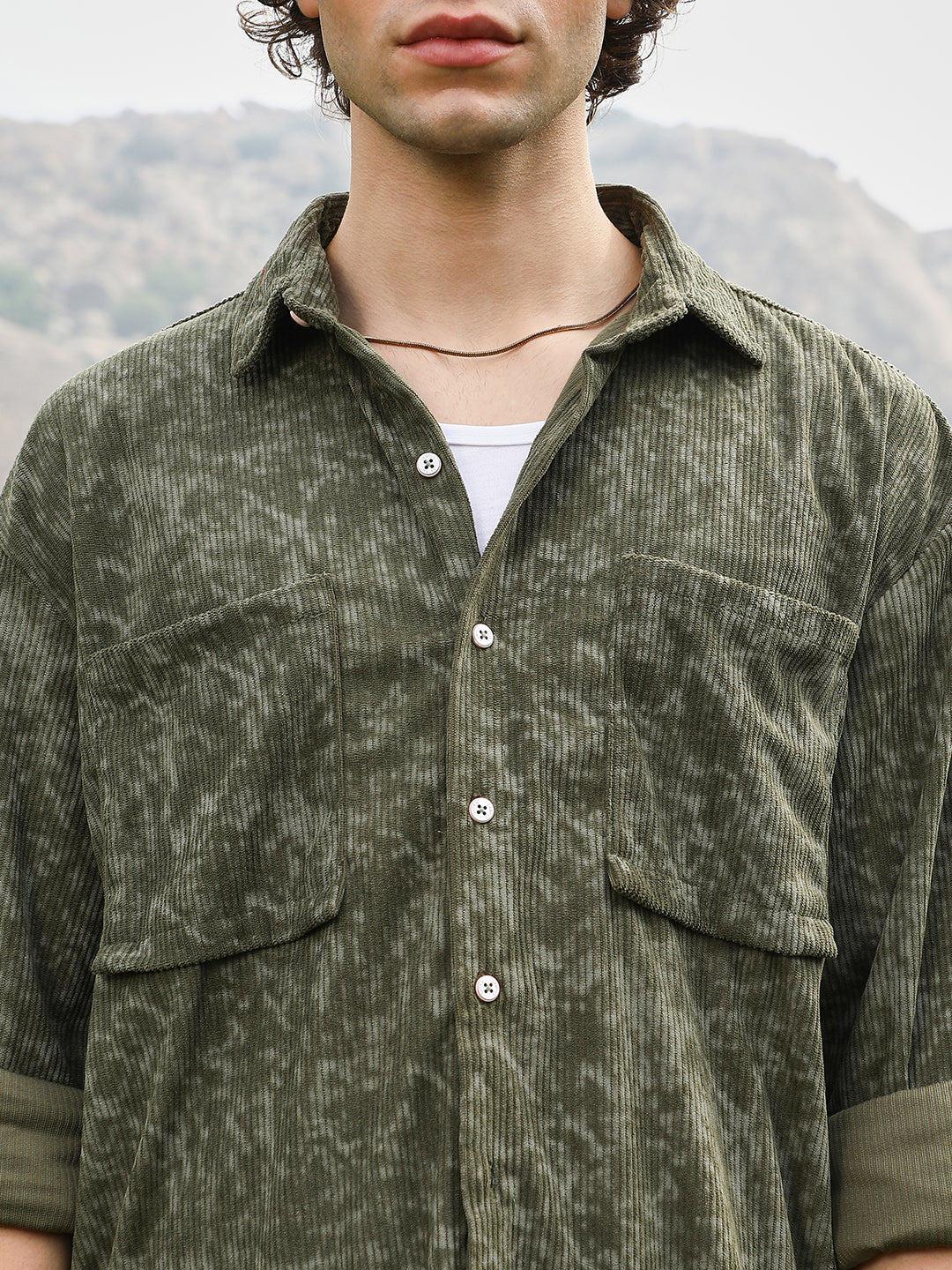 Men Juniper Green Faded Corduroy Oversized Shirt