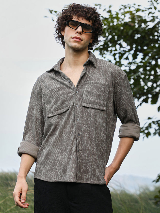 Men Ash Grey Faded Corduroy Oversized Shirt